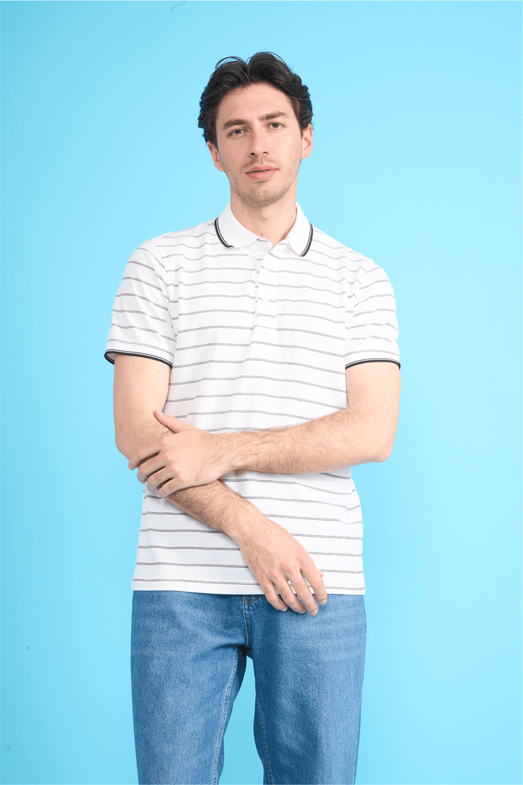 Çetinkaya Mentality 4557 Polo Yaka Regular Çizgili T-shirt Beyaz-Siyah