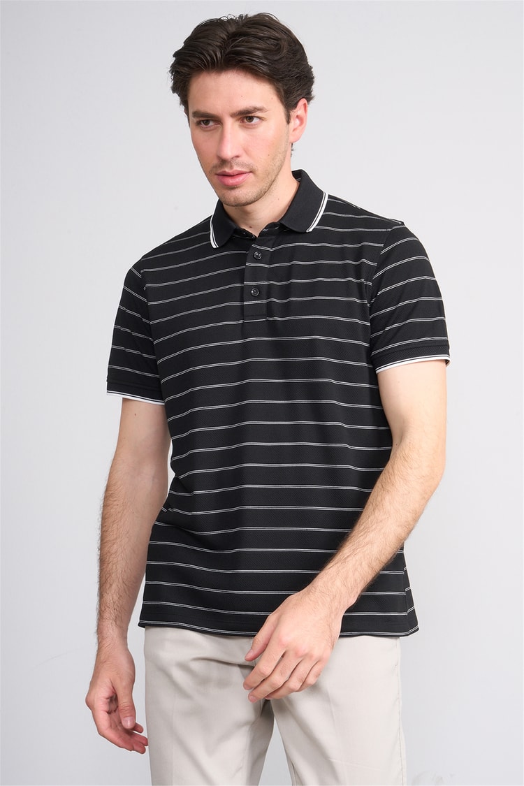 Çetinkaya Mentality 4557 Polo Yaka Regular Çizgili T-shirt Siyah-Beyaz