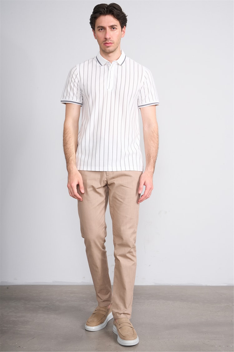 Çetinkaya Mentality 4564 Polo Yaka Regular Çizgili T-shirt Beyaz-Gri
