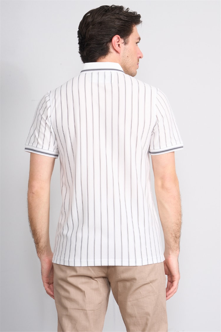 Çetinkaya Mentality 4564 Polo Yaka Regular Çizgili T-shirt Beyaz-Gri