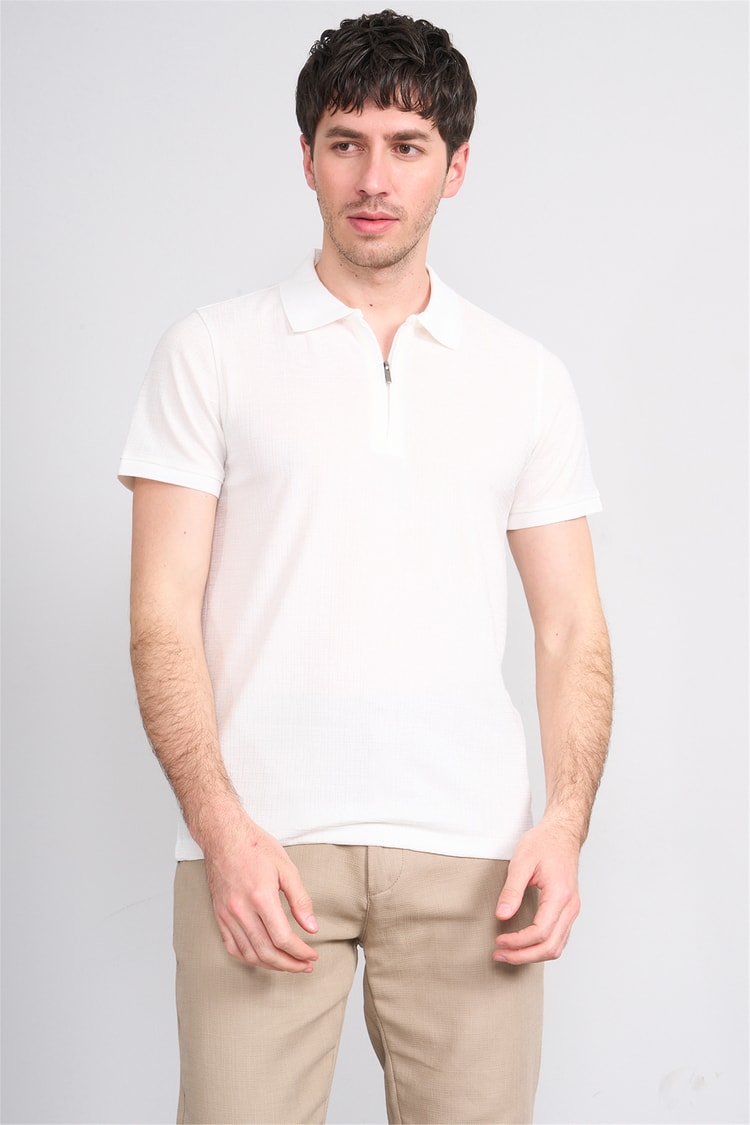 Çetinkaya Mentality 4601 Fermuarlı Polo Yaka Regular Modelli T-shirt Beyaz