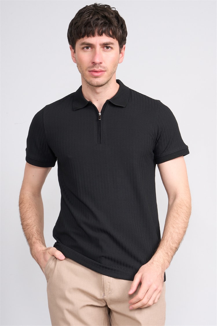 Çetinkaya Mentality 4610 Fermuarlı Polo Yaka Regular Modelli T-shirt Siyah