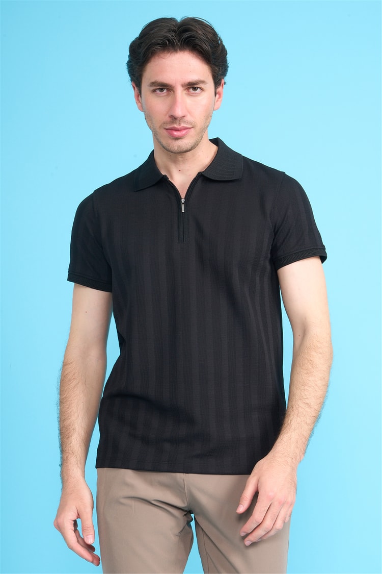 Çetinkaya Mentality 4611 Fermuarlı Polo Yaka Regular Modelli T-shirt Siyah