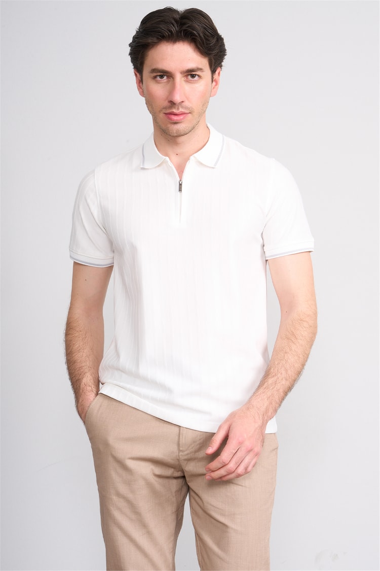 Çetinkaya Mentality 4613 Fermuarlı Polo Yaka Regular Modelli T-shirt Beyaz