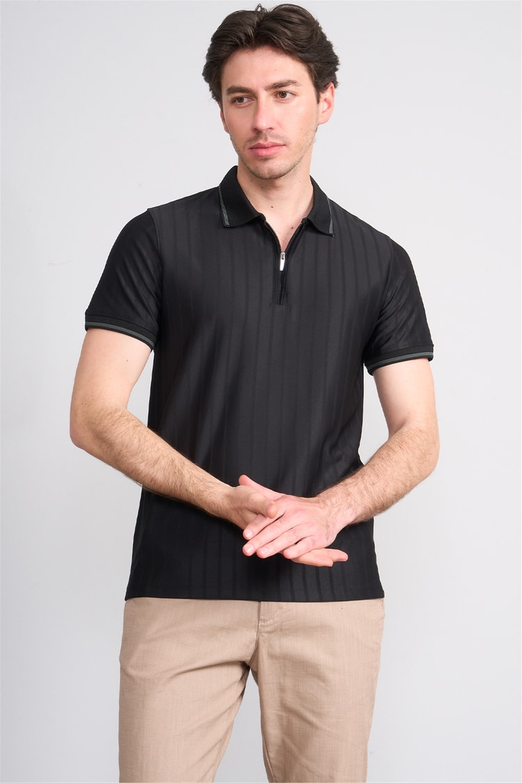 Çetinkaya Mentality 4613 Fermuarlı Polo Yaka Regular Modelli T-shirt Siyah