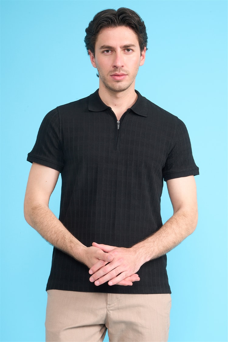 Çetinkaya Mentality 4614 Fermuarlı Polo Yaka Regular Modelli T-shirt Siyah