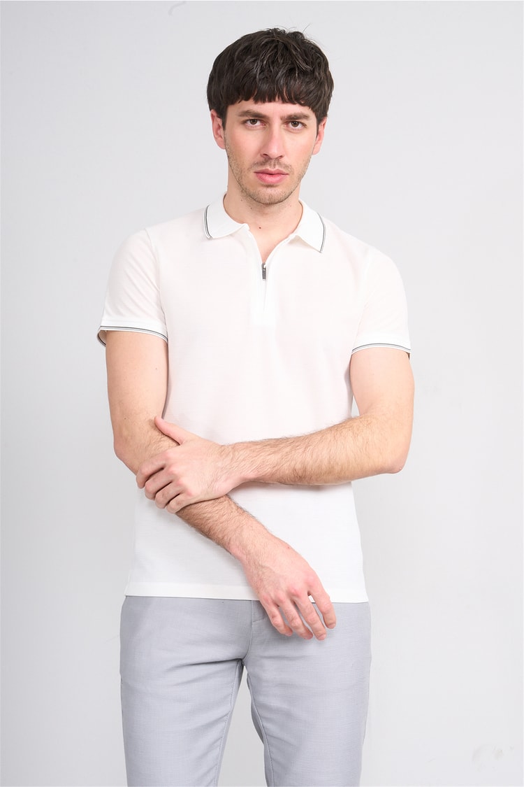 Çetinkaya Mentality 4616 Fermuarlı Polo Yaka Regular Modelli T-shirt Beyaz