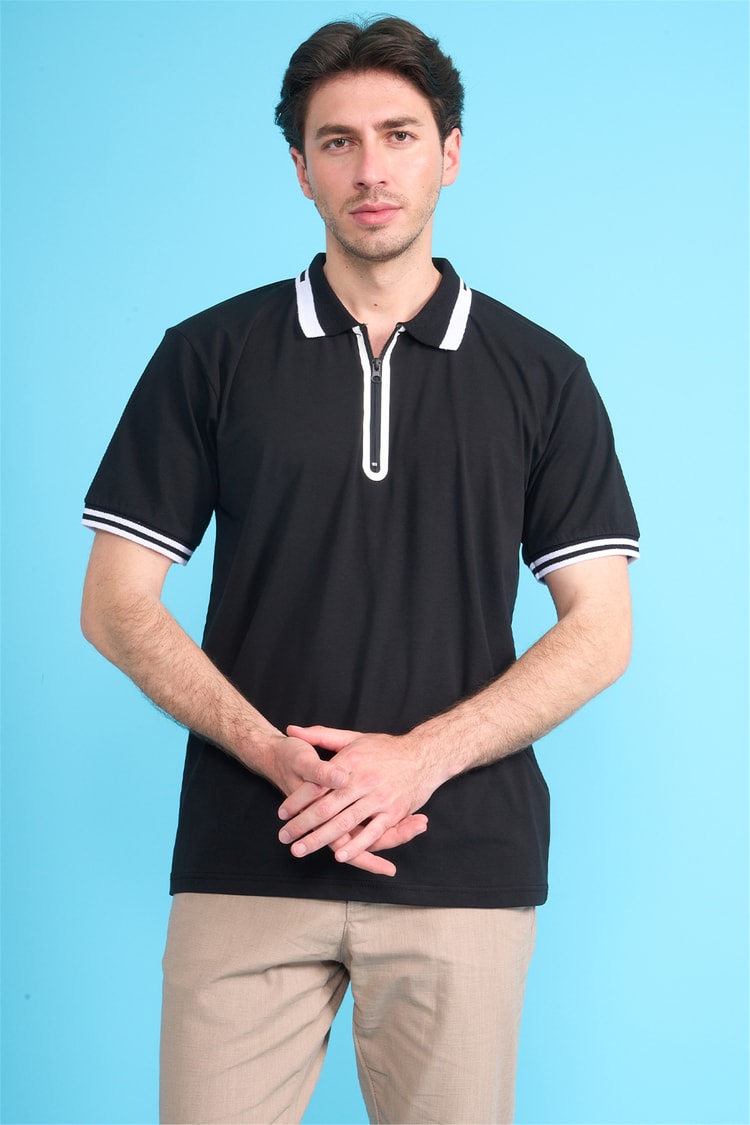Çetinkaya Mentality 4771 Fermuarlı Polo Yaka Regular 30/1 Penye T-shirt Siyah