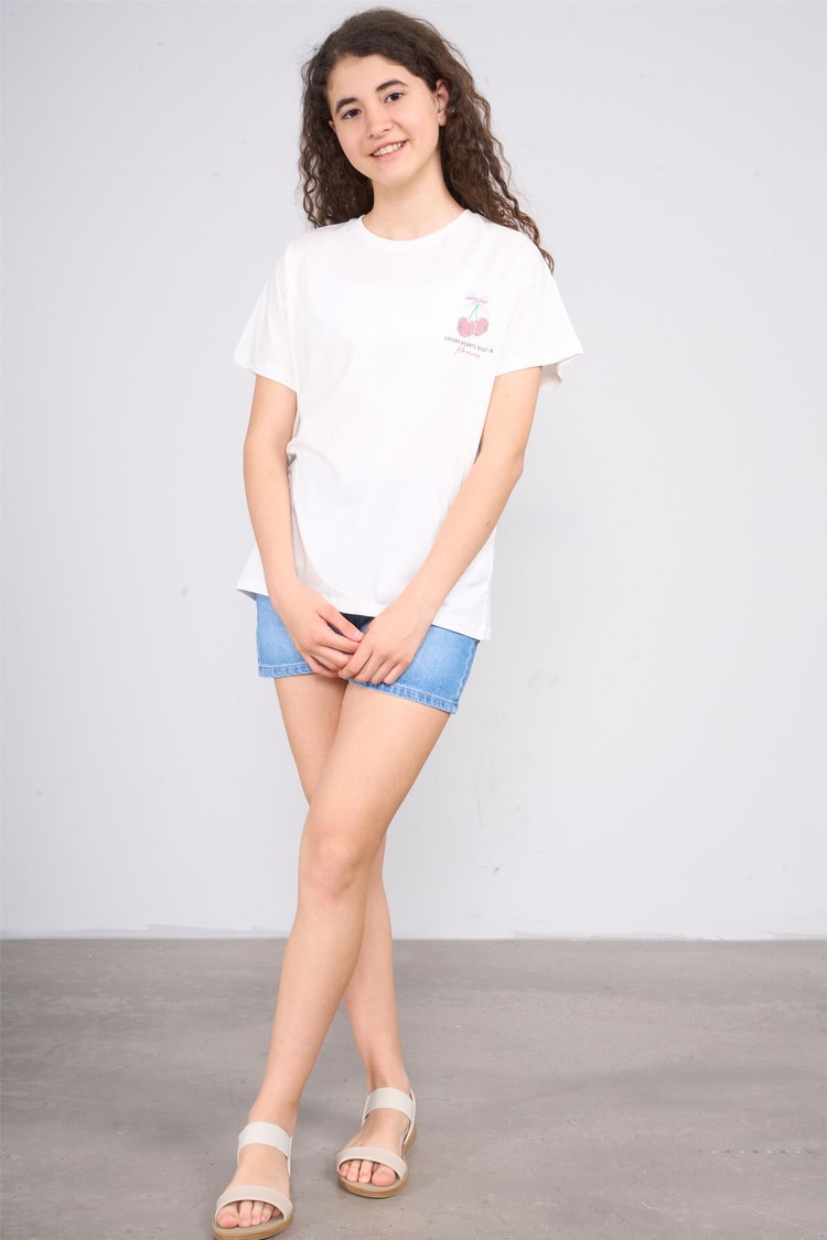 Chester Polo 32556 Kız Çocuk Penye Baskılı Bisiklet Yaka T-shirt 4-12 Yaş Ekru