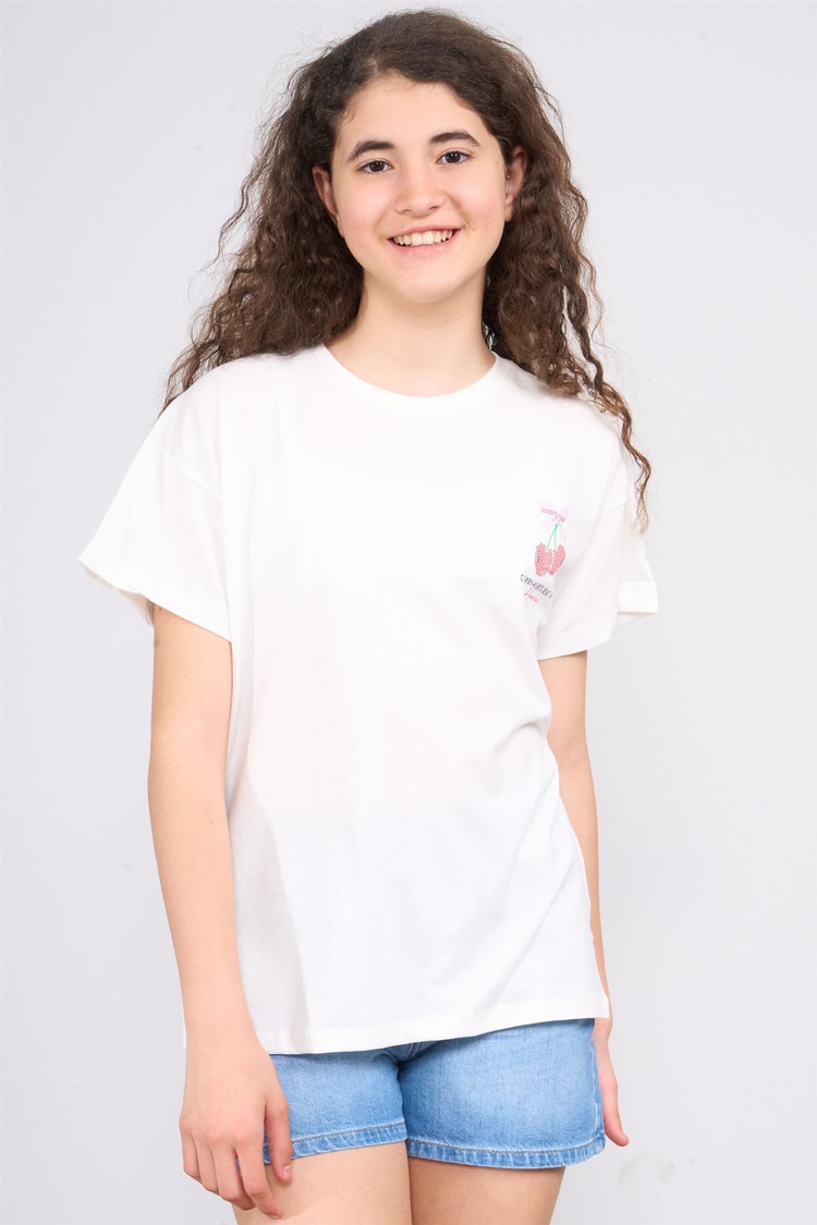 Chester Polo 32556 Kız Çocuk Penye Baskılı Bisiklet Yaka T-shirt 4-12 Yaş Ekru