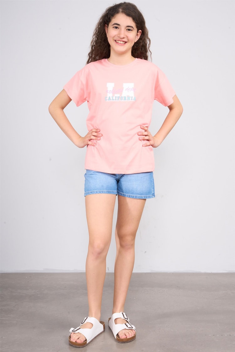 Chester Polo 32558 Kız Çocuk Penye Baskılı Bisiklet Yaka T-shirt 4-12 Yaş Açık Somon