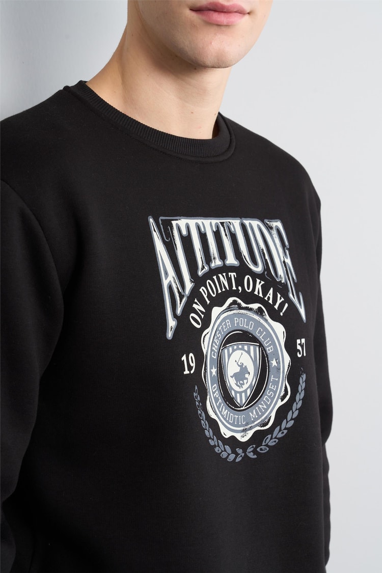 Chester Polo 3572 Bisiklet Yaka 3 İplik Şardonlu Baskılı Siyah Sweatshirt