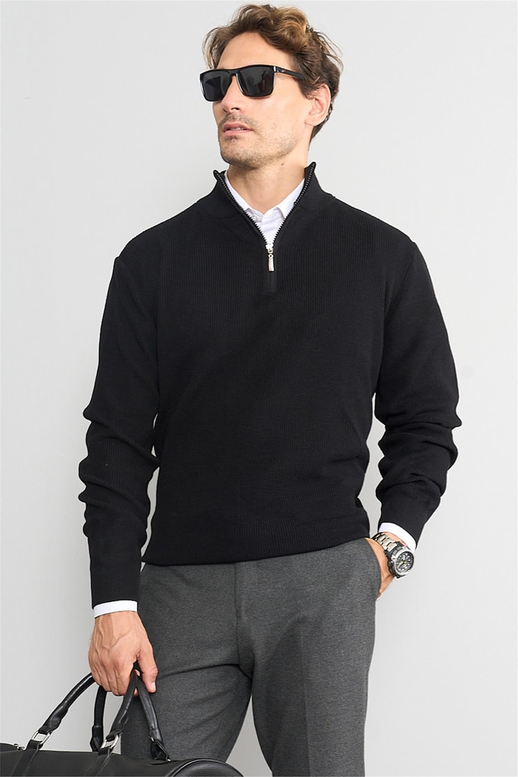 Chester Polo 5085 ErkekFermuarlı Yarım Balıkçı Triko Kazak Siyah