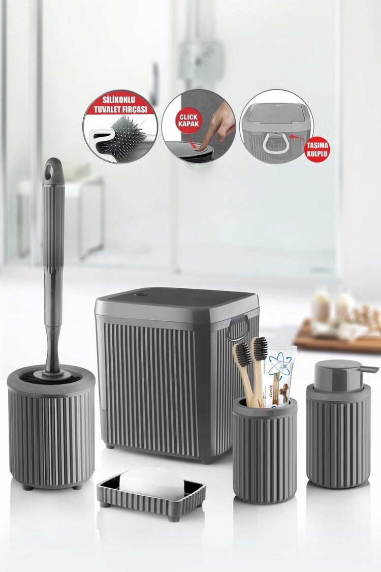 Decorev 5 Parça Gri Click Kapaklı Silikon Fırçalı Taşıma Kulplu Banyo Seti – 5 Litre