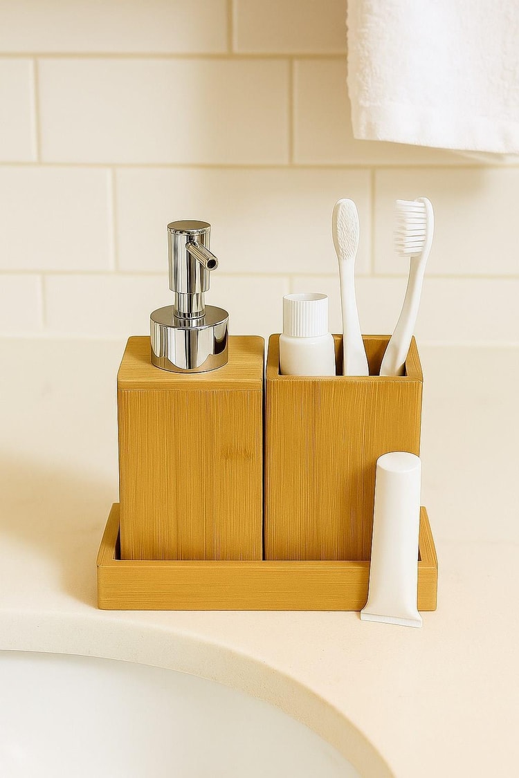 Doğal Bambu 3 Parçalı Çok Amaçlı Banyo Seti – Sıvı Sabunluk Ve Diş Fırçalığı Organizer