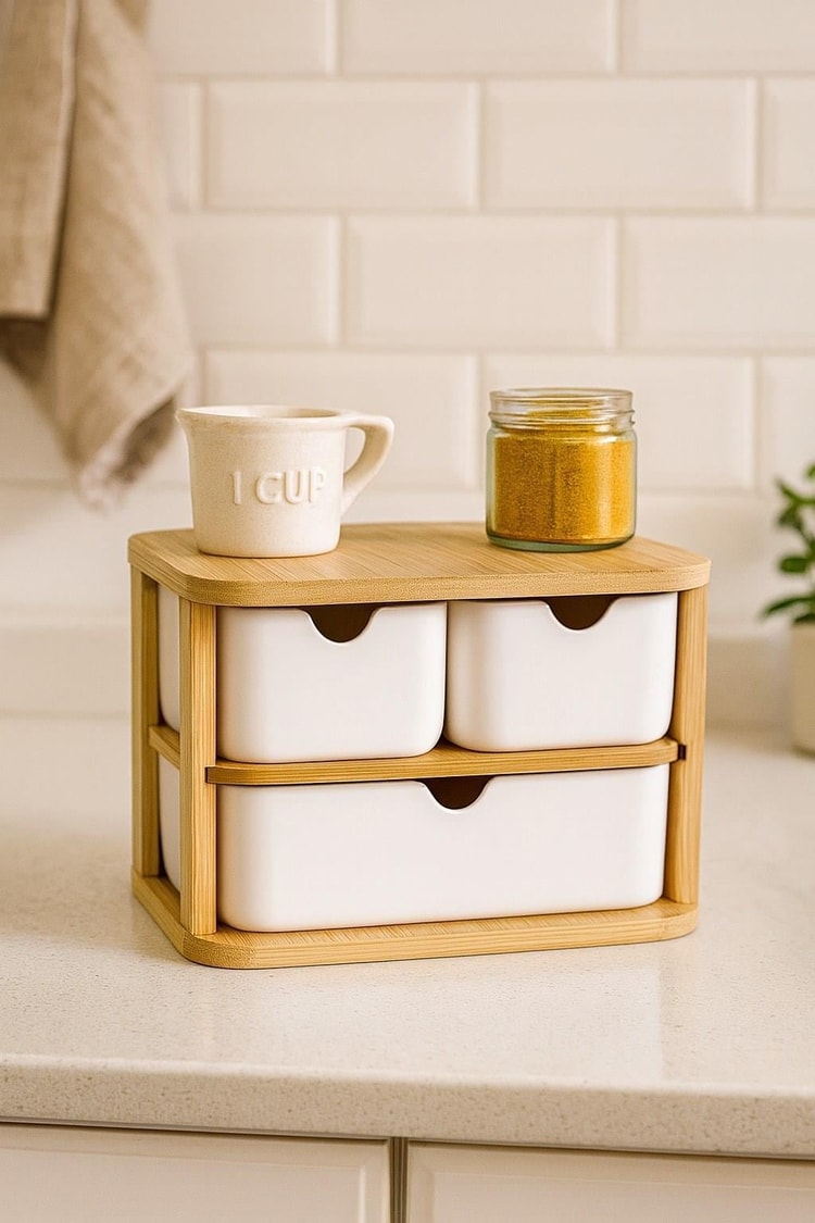 Doğal Bambu Çok Amaçlı  3 Gözlü Çekmeceli Organizer BR-6711