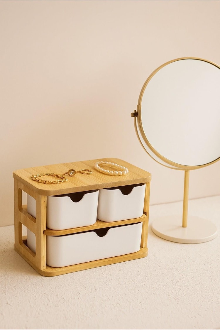 Doğal Bambu Çok Amaçlı  3 Gözlü Çekmeceli Organizer BR-6711