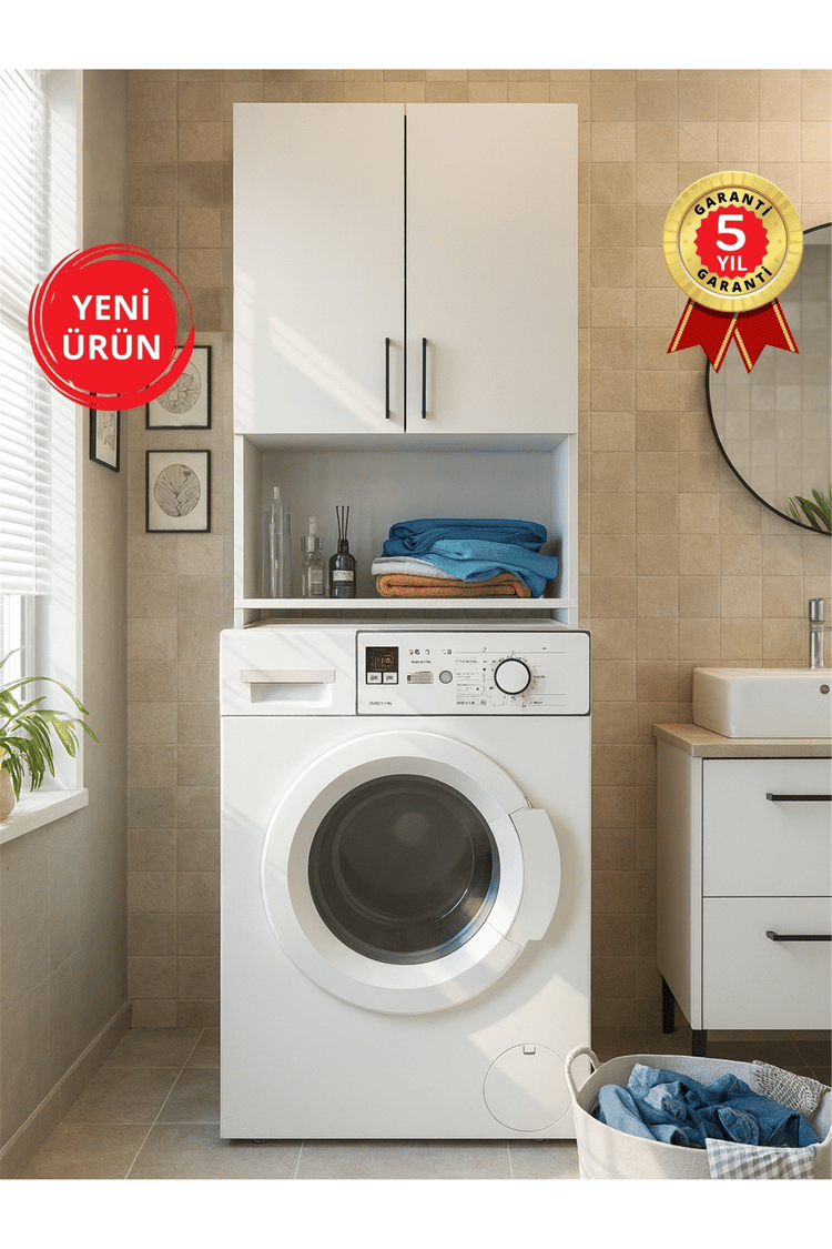 Dorpek Brillon Çamaşır Makinesi Dolabı – Banyo Dolabı & Çamaşır Odası Uyumlu Dolap, Çok Amaçlı Dolap Beyaz