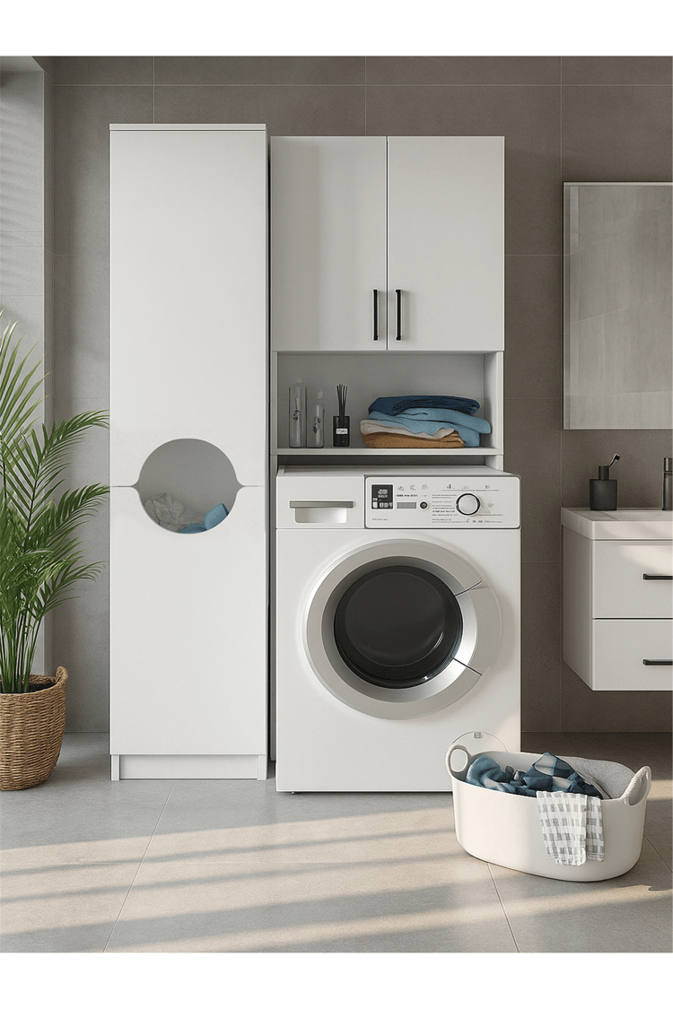 Dorpek Brillon Çamaşır Makinesi Dolabı & Verga Kirli Sepetli Çok Amaçlı Dolap Beyaz
