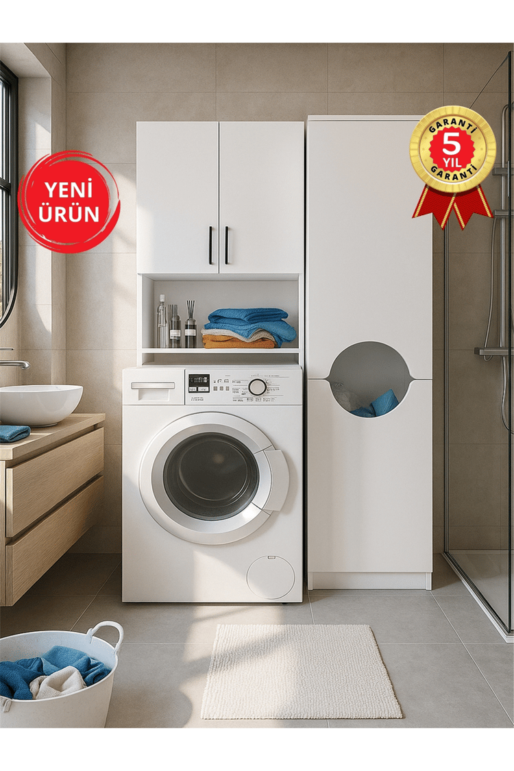 Dorpek Brillon Çamaşır Makinesi Dolabı & Verga Kirli Sepetli Çok Amaçlı Dolap Beyaz