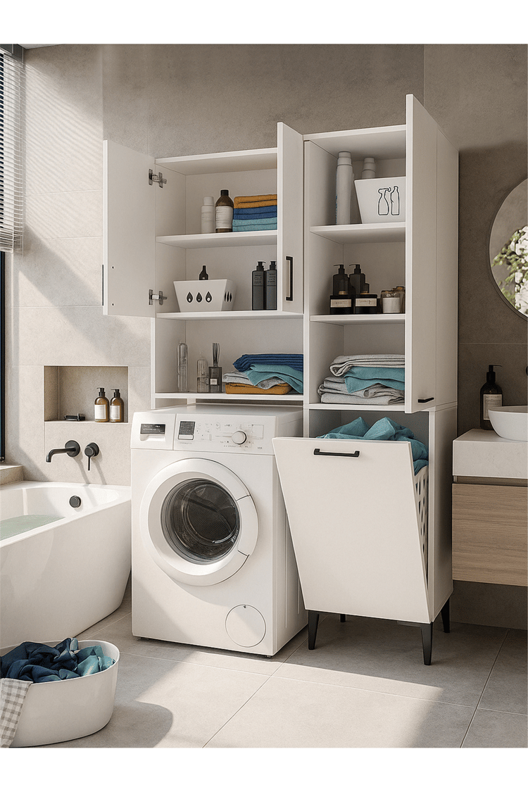 Dorpek Brillon Çamaşır Makinesi Dolabı & Singa Kirli Sepetli Çok Amaçlı Dolap Beyaz