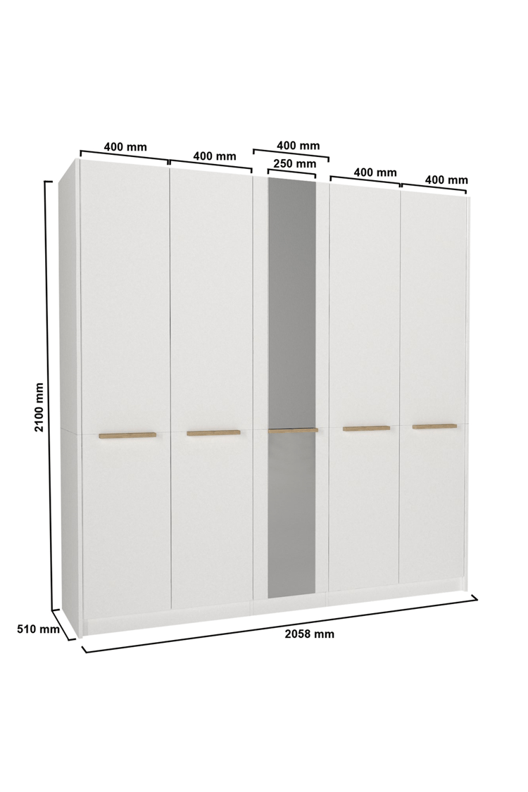 Dorpek Cosmos 5 Kapaklı Aynalı Gardırop 206 cm – Geniş İç Hacimli, Modern Beyaz Dolap