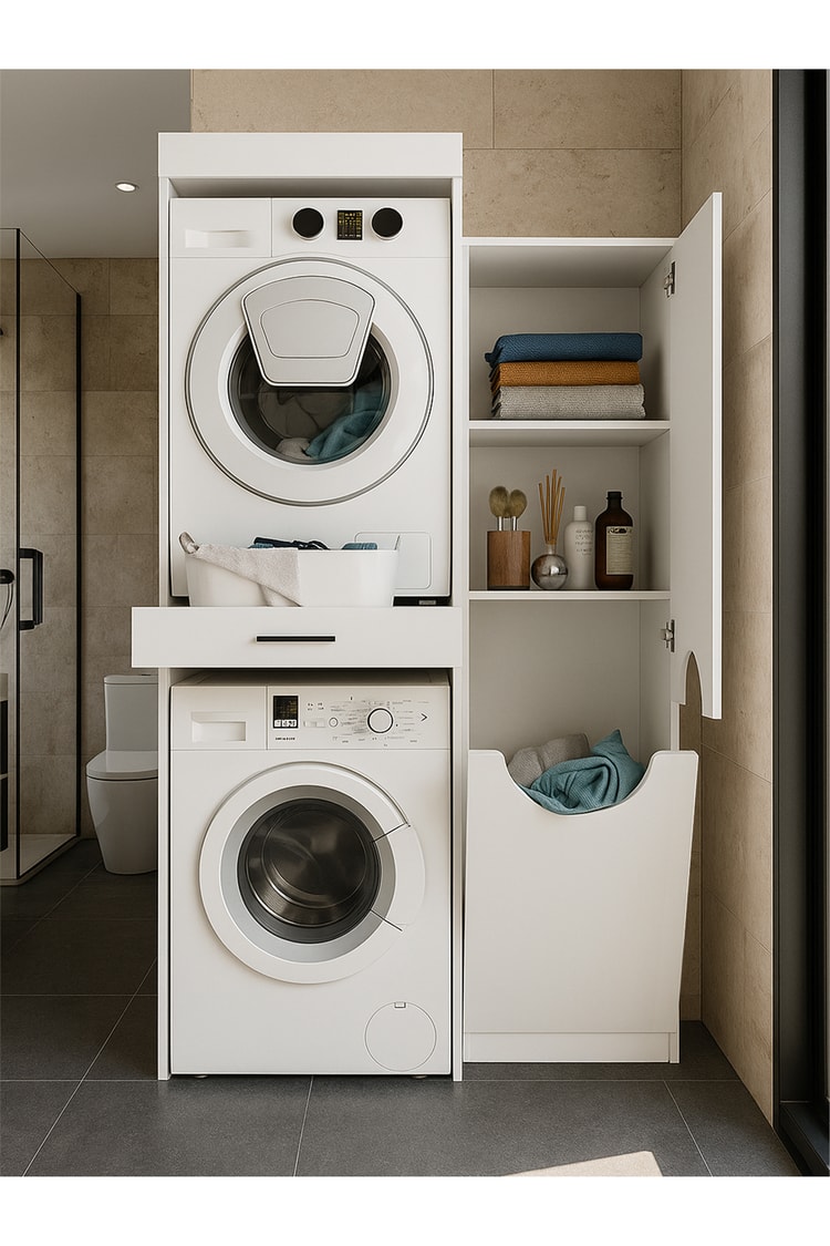 Dorpek Fika Çamaşır ve Kurutma Makinesi Dolabı & Verga Kirli Sepetli Çok Amaçlı Dolap Beyaz