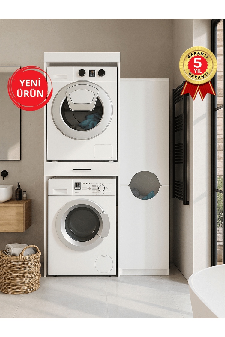 Dorpek Fika Çamaşır ve Kurutma Makinesi Dolabı & Verga Kirli Sepetli Çok Amaçlı Dolap Beyaz