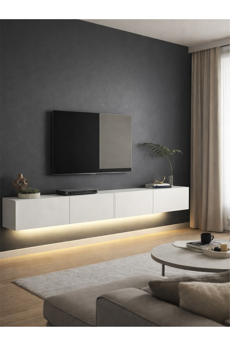 Dorpek Homeros LED'li Tv Sehpa & Ünitesi, Duvara Monte Tv Ünitesi Beyaz 240 cm