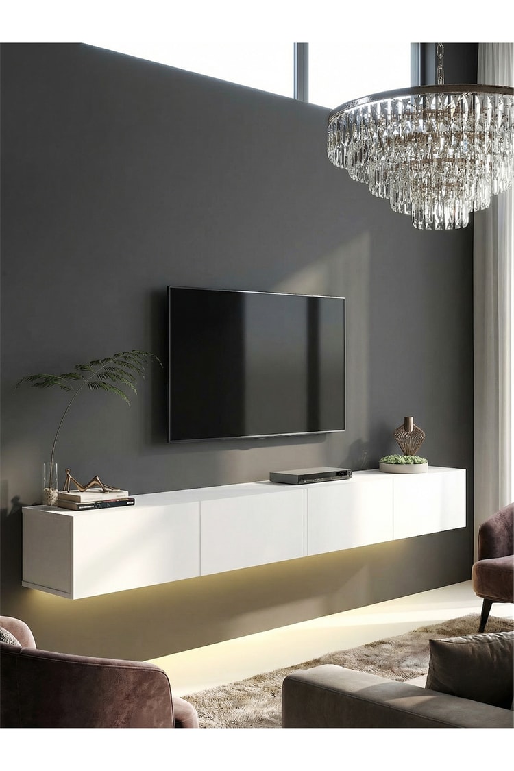 Dorpek Homeros LED'li Tv Sehpa & Ünitesi, Duvara Monte Tv Ünitesi Beyaz 240 cm