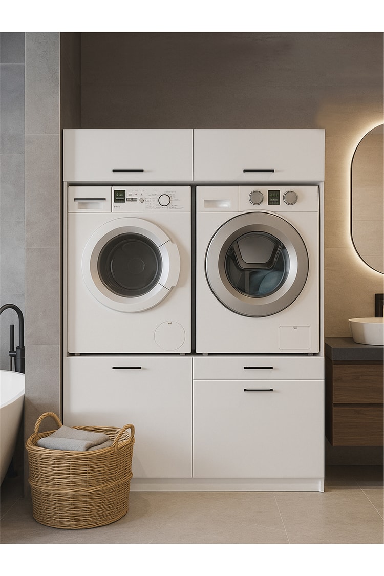 Dorpek Lipa Çamaşır Kurutma Makinesi Dolabı, Banyo Dolabı & Çamaşır Makinesi Kirli Sepeti | Beyaz