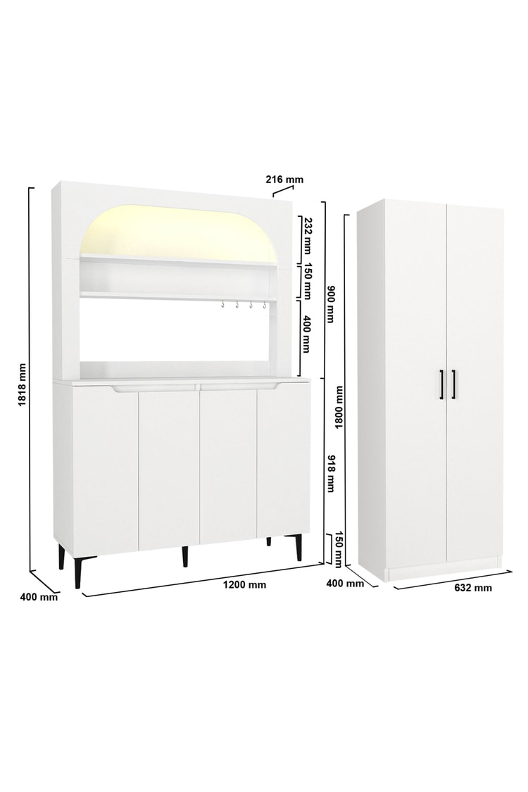 Dorpek Melinta 4 Kapaklı LED'li Mutfak Dolabı & Tuco 2*2 Kapaklı 5 Raflı Çok Amaçlı Dolap Kahve Köşesi