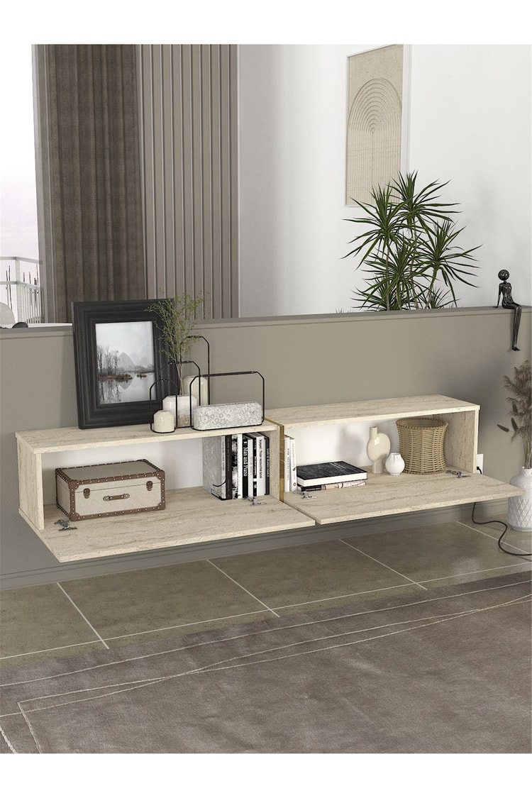 Dorpek Modern Espanse Tv Ünitesi Traverten 180 cm , Modern ve Kolay Kurulum, Gold Detaylı