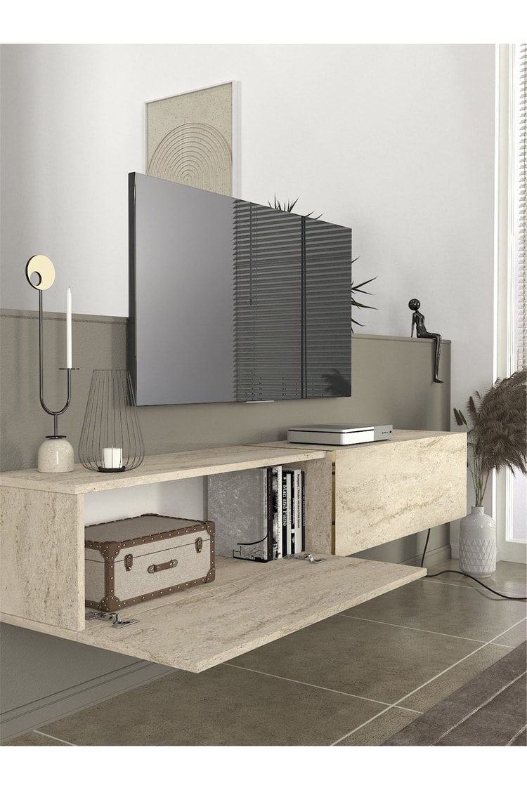 Dorpek Modern Espanse Tv Ünitesi Traverten 180 cm , Modern ve Kolay Kurulum, Gold Detaylı