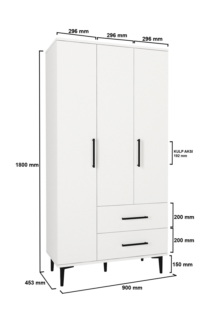 Dorpek Nuna Gardırop 3 Kapaklı 2 Çekmeceli – 180x90 cm Genç ve Yatak Odası Dolabı