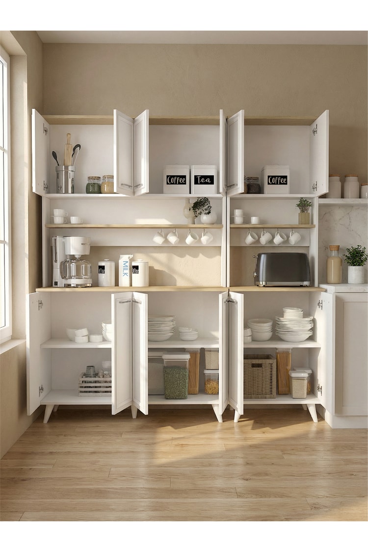 Dorpek Potter 4 Kapaklı Mutfak Dolabı & Potter 2 Kapaklı Kahve Köşesi, Çok Amaçlı Dolap - Beyaz 180 cm