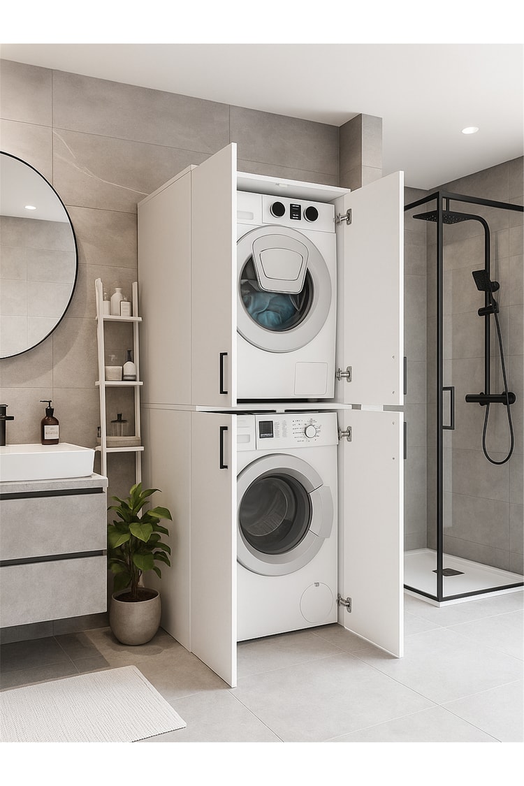 Dorpek Tani Kapaklı Çamaşır ve Kurutma Makinesi Dolabı, Çok Amaçlı Dolap, Beyaz Banyo Dolabı
