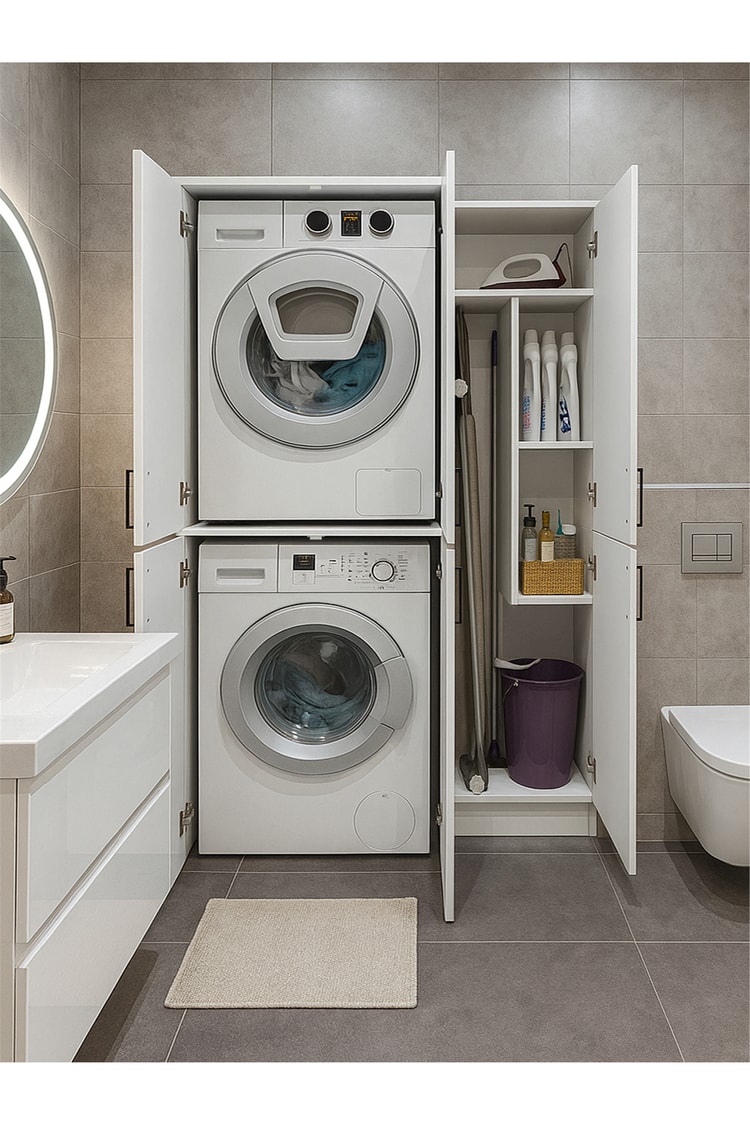 Dorpek Tani Kapaklı Çamaşır ve Kurutma Makinesi Dolabı & Rovi Banyo Dolabı, Ütü Masası Dolabı | Beyaz