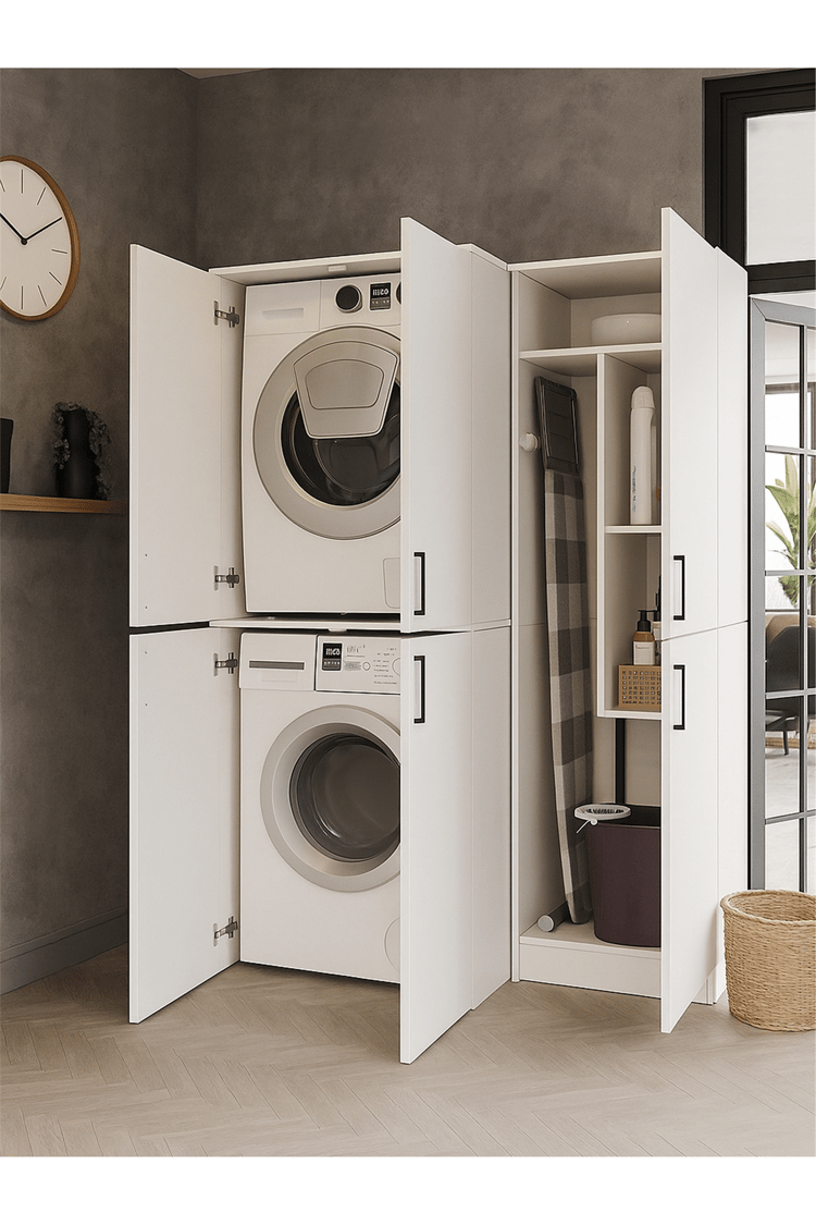 Dorpek Tani Kapaklı Çamaşır ve Kurutma Makinesi Dolabı & Rovi Banyo Dolabı, Ütü Masası Dolabı | Beyaz