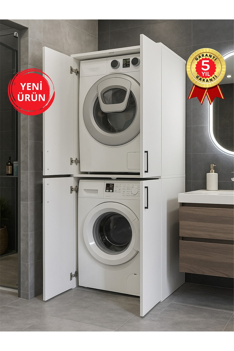 Dorpek Tani Kapaklı Çamaşır ve Kurutma Makinesi Dolabı, Çok Amaçlı Dolap, Beyaz Banyo Dolabı