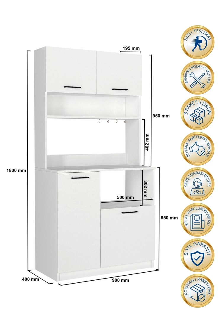 Dorpek Tuco 2 Çok Amaçlı Mutfak Dolabı & Mikrodalga Fırın Dolabı & Banyo Dolabı 180x90 Cm Beyaz