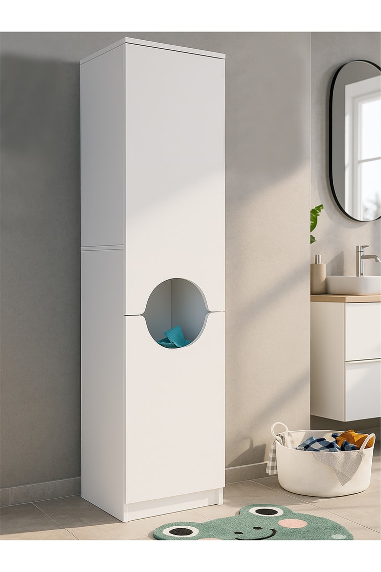 Dorpek Verga Kirli Sepetli Çok Amaçlı Dolap | Çamaşır Makinesi Kirli Sepeti & Banyo Kirli Dolabı | Beyaz