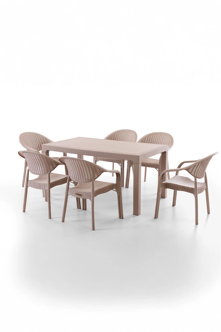 Evdemo Bamboo 6 Kişilik Rattan Masa Sandalye Takımı Cappuccino