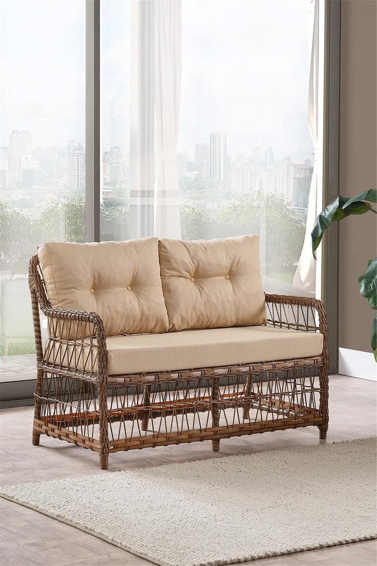 Evdemo Breda Rattan Örgü Bahçe Balkon Takımı 2+1+1 Cam Masalı Kahve