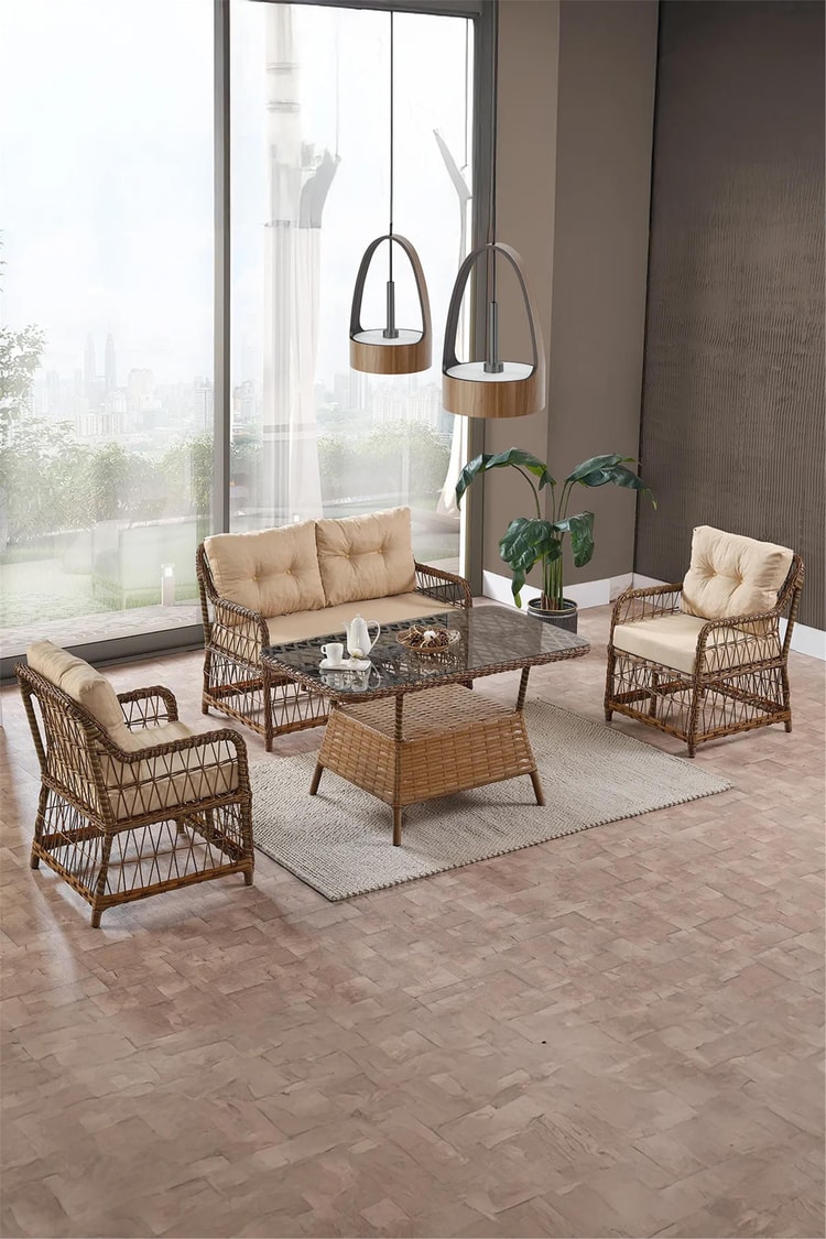 Evdemo Breda Rattan Örgü Bahçe Balkon Takımı 2+1+1 Cam Masalı Kahve