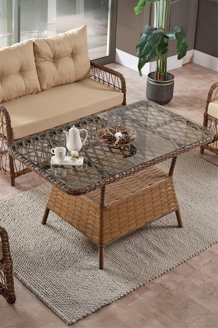 Evdemo Breda Rattan Örgü Bahçe Balkon Takımı 2+1+1 Cam Masalı Kahve
