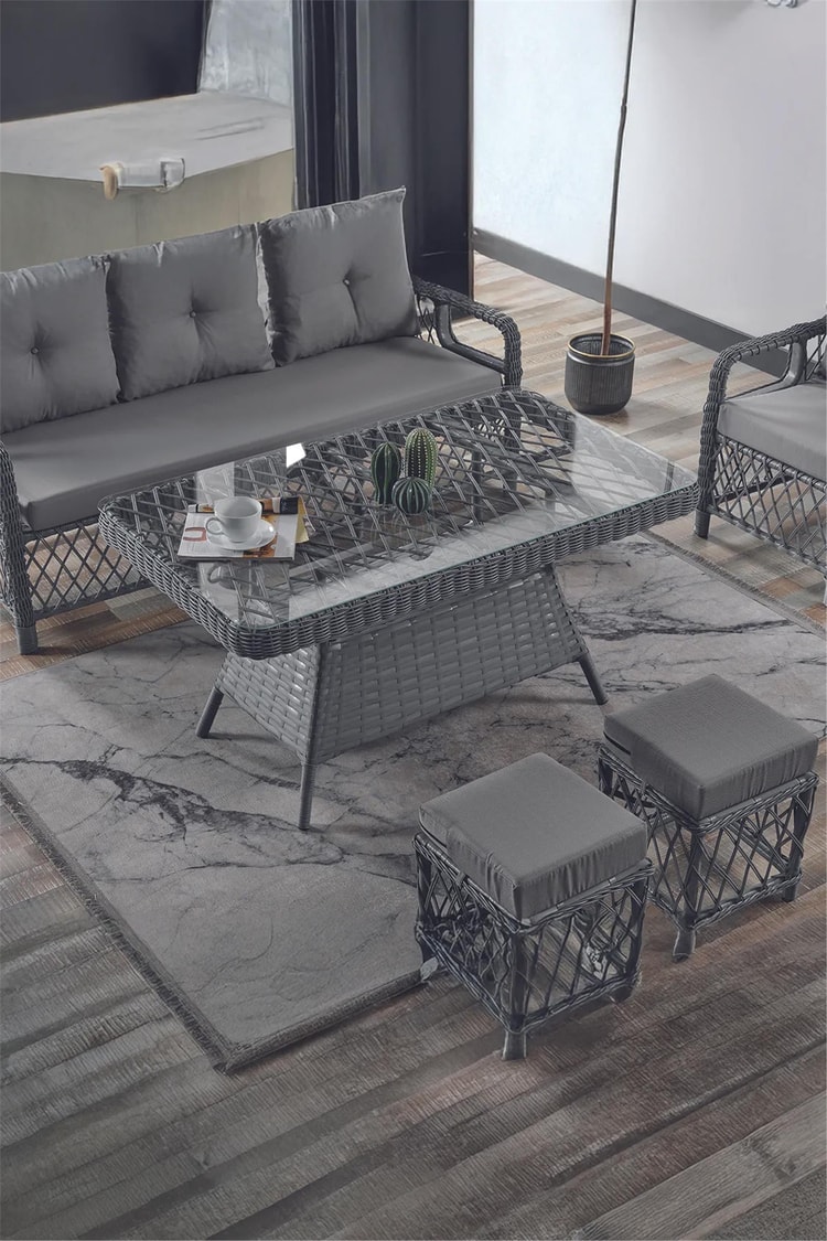 Evdemo Edra Rattan Puflu Bahçe Balkon Takımı 3+1+1+Camlı Masa Gri