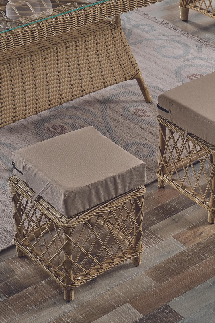 Evdemo Edra Rattan Puflu Bahçe Balkon Takımı 3+1+1+Camlı Masa Cappuccino