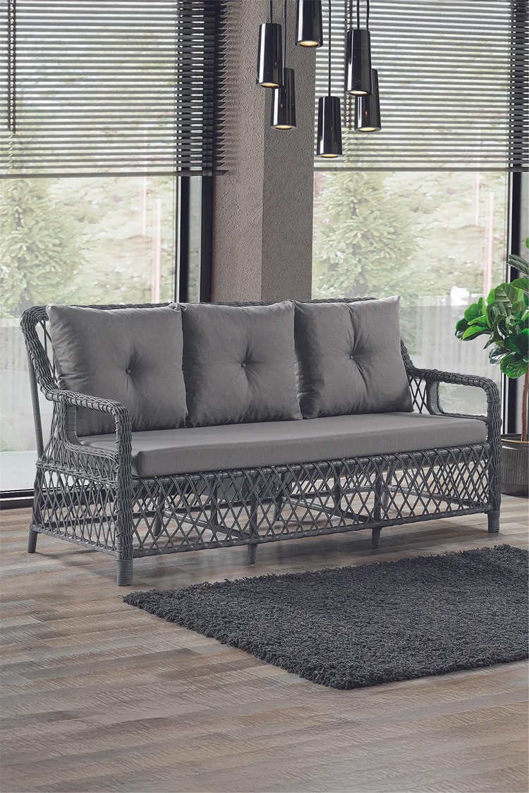 Evdemo Edra Rattan Puflu Bahçe Balkon Takımı 3+1+1+Camlı Masa Gri