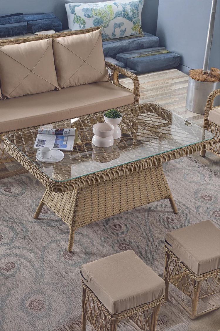Evdemo Edra Rattan Puflu Bahçe Balkon Takımı 3+1+1+Camlı Masa Cappuccino